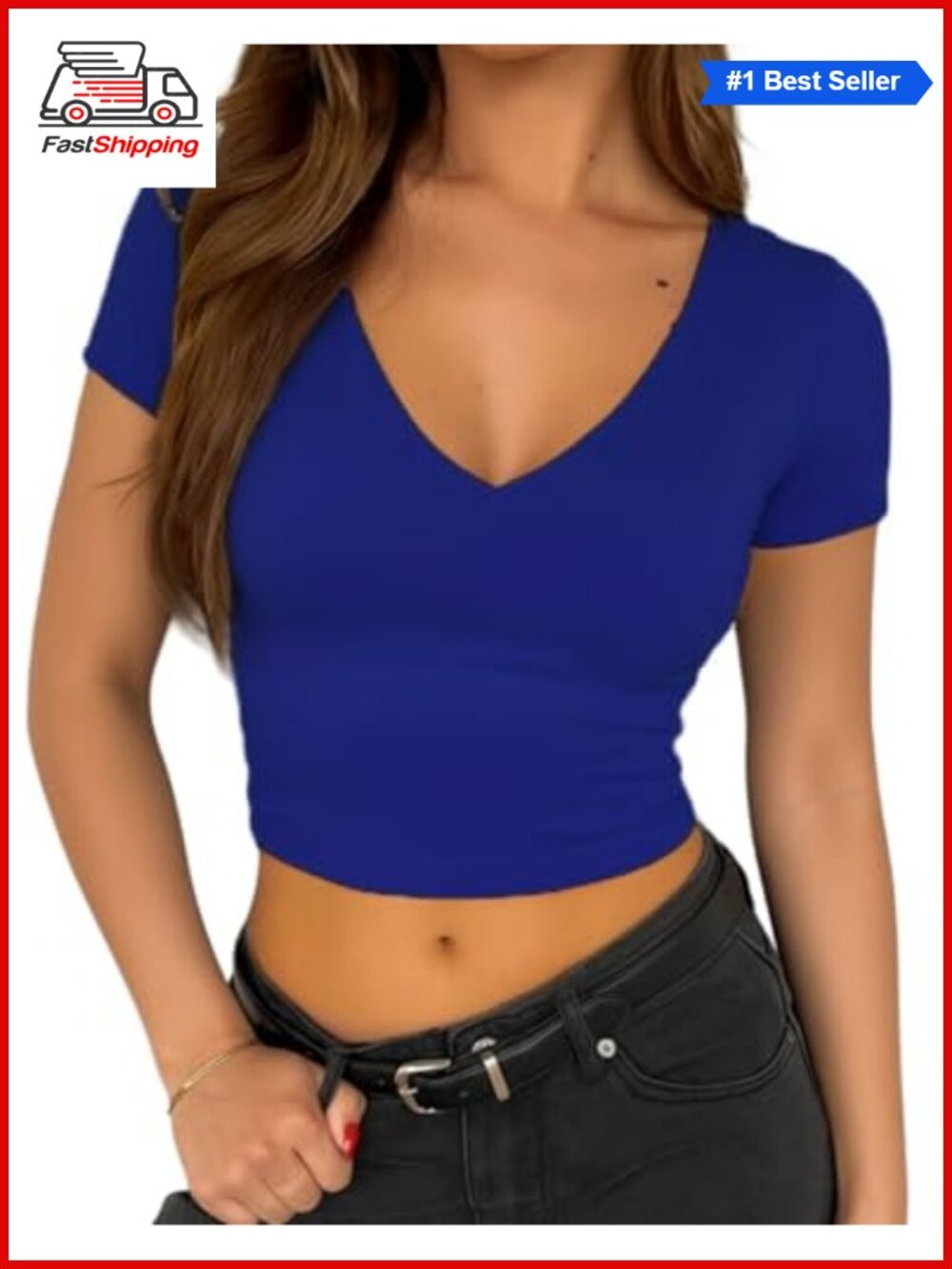 ✨ Womens Short Sleeve Crop Top V Neck Double Lined Slim Fitted Y2K Basic Tee